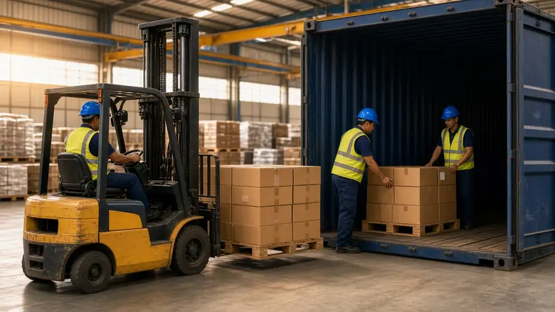 Workers loading boxes into a container inside a warehouse, with a forklift (illustrative image)