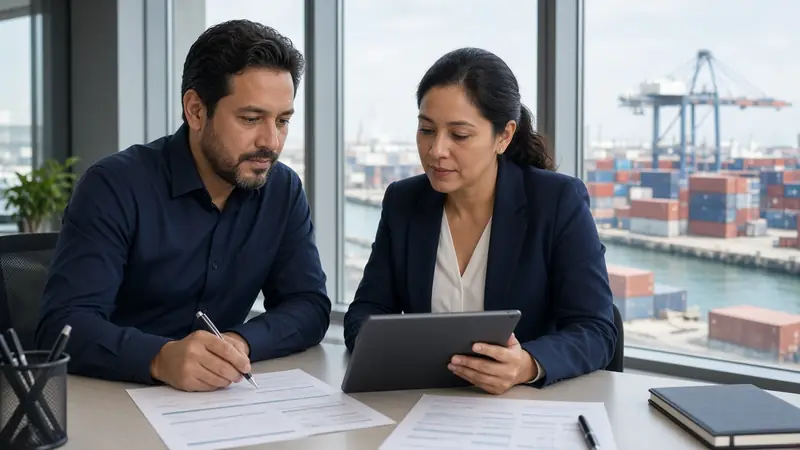 Two professionals reviewing shipping documents in an office overlooking a container port (illustrative image)