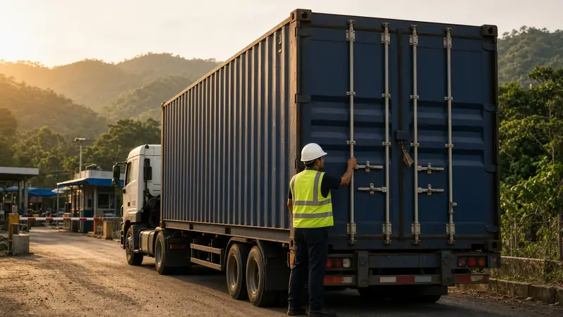 Truck with a container at a Central American border crossing, next to a worker in a safety vest (illustrative image)