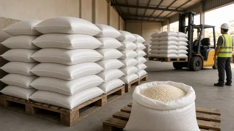 Sacks of rice stacked on pallets in a warehouse (illustrative image)
