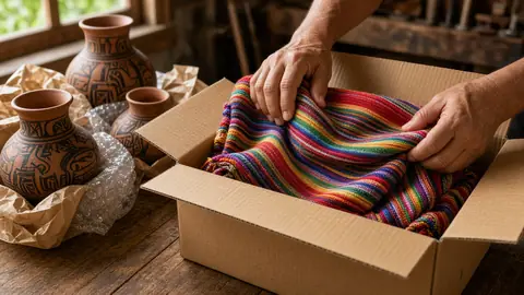 Woven hammocks and handmade pottery packed in cardboard boxes (illustrative image)