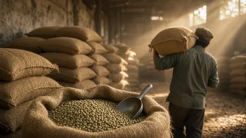 Jute sacks of green coffee in an export warehouse (illustrative image)