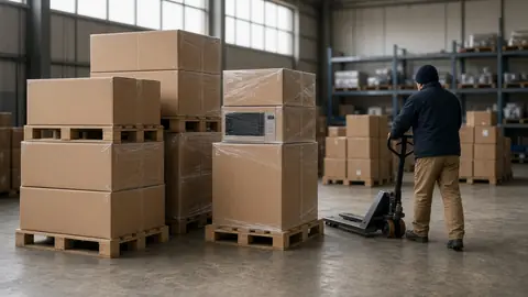 Boxes of home appliances and electronics on pallets in a warehouse (illustrative image)