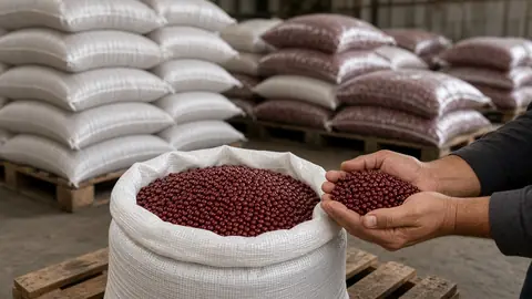 Sacks of red beans on pallets, with a handful of beans in the foreground (illustrative image)