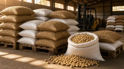 Sacks of shelled peanuts stacked on pallets in a warehouse (illustrative image)