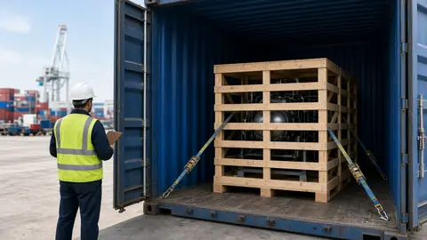 Industrial machinery crated in a wooden box inside a container (illustrative image)