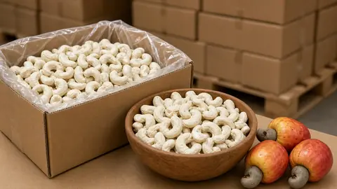 Processed cashew nuts in an export box and a wooden bowl (illustrative image)