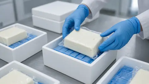 Blocks of fresh cheese, vacuum-packed in insulated boxes (illustrative image)