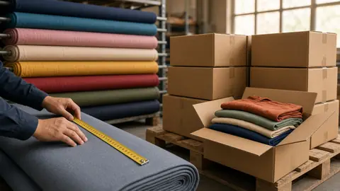 Fabric rolls and boxes of clothing on pallets in a warehouse (illustrative image)