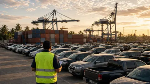 Vehicles in a port yard with containers and cranes in the background (illustrative image)